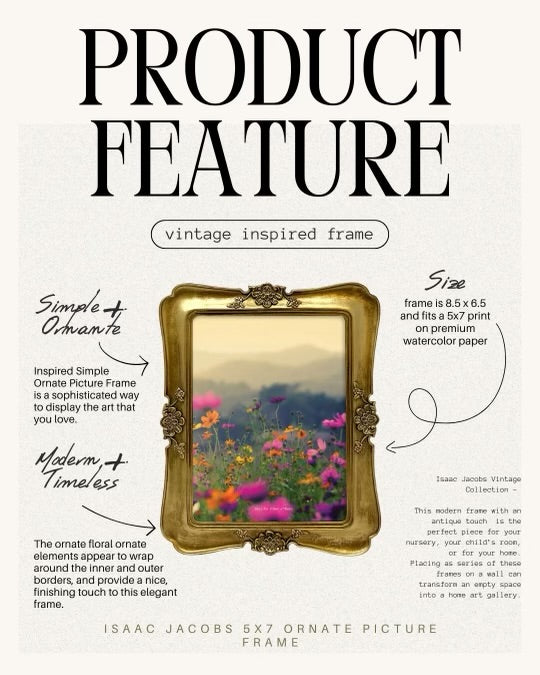 Gold ornate picture frame with floral design on a white background with text about the product.