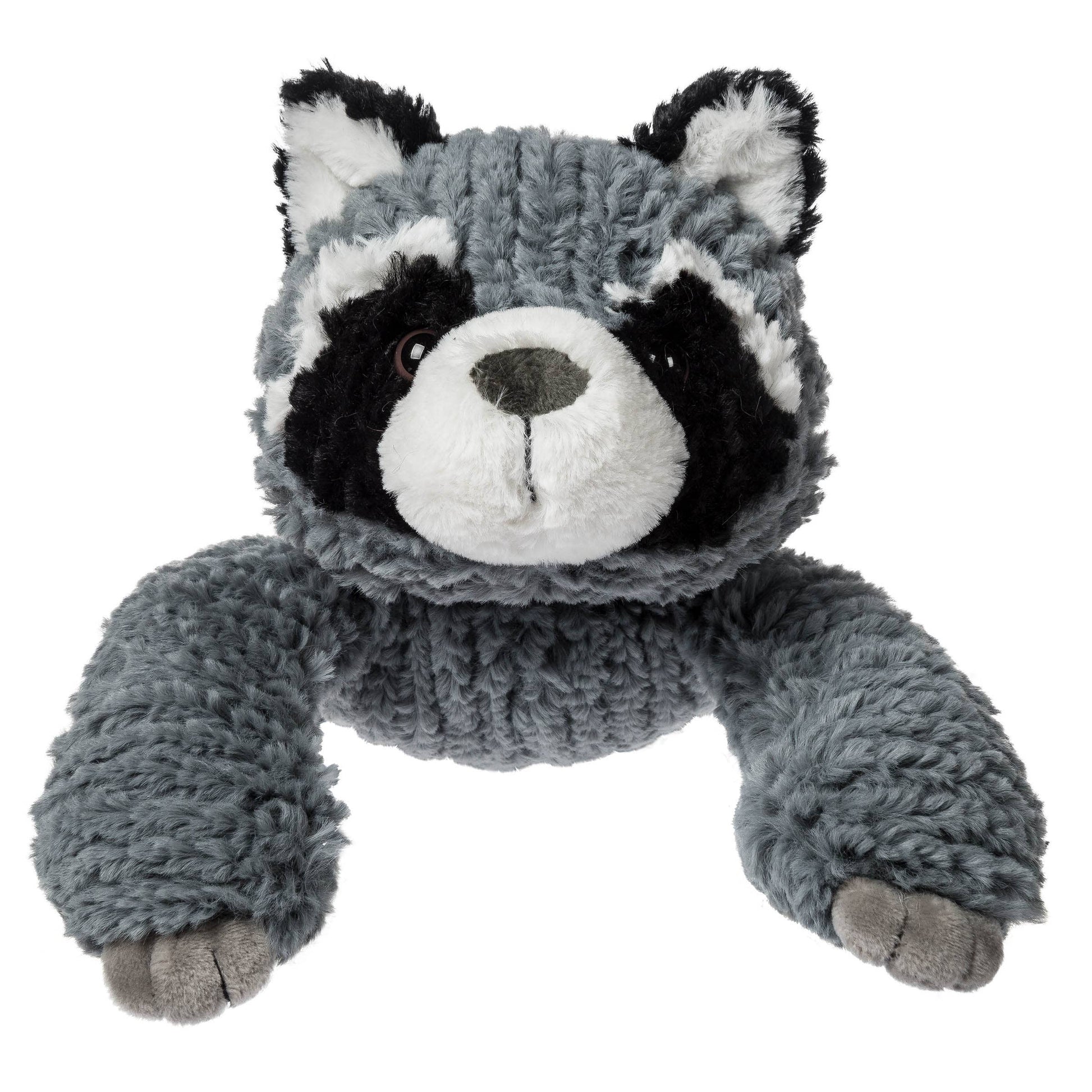 Plush toy raccoon on a white background
