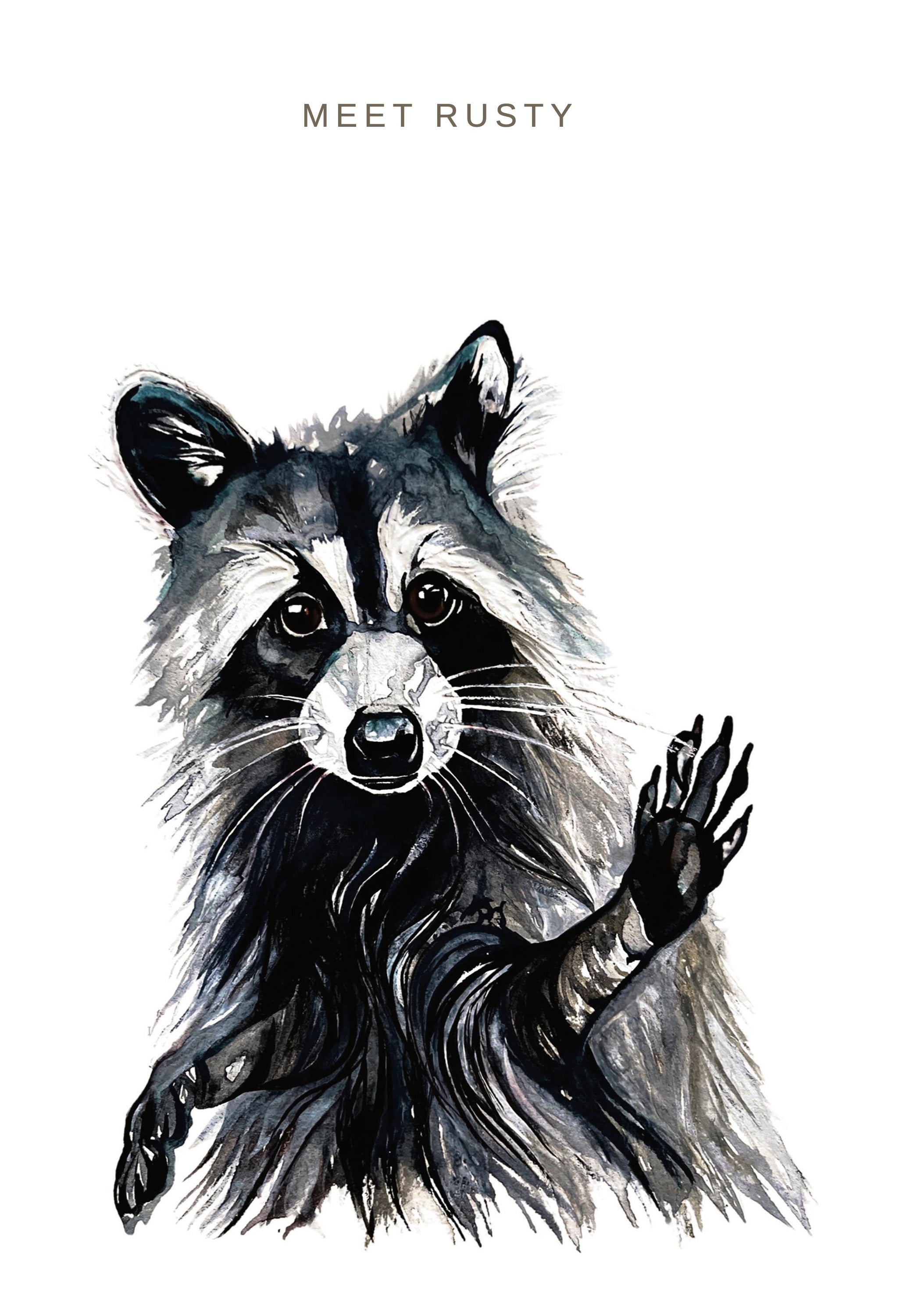 Watercolor illustration of Rusty Raccoon