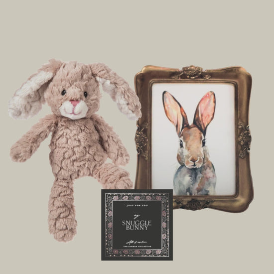bunny gift box with stuffed animal and framed print