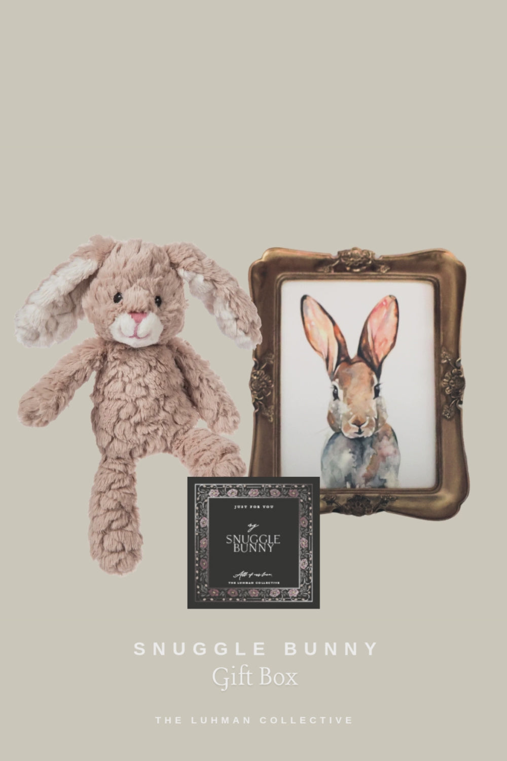 bunny gift box with stuffed animal and framed print